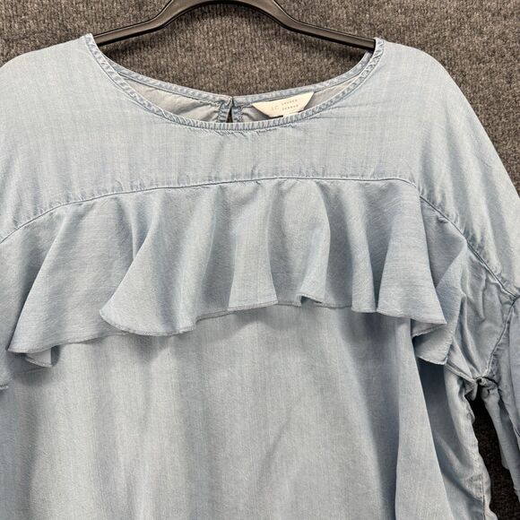 LC Lauren Conrad Blouse Top Womens XL Blue Round Neck Ruffle Cottagecore Boho - Picture 2 of 8